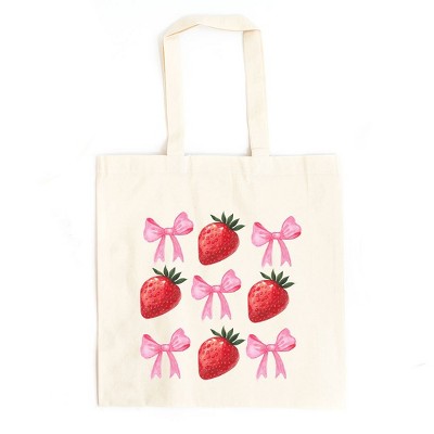 City Creek Prints Strawberry Coquette Bow Chart Canvas Tote Bag - 15x16 - Natural
