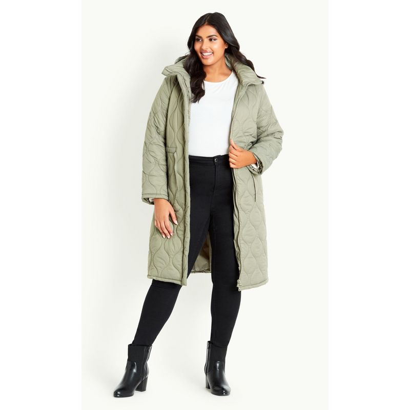 Women's Plus Size Quilted Hood Coat - Green | EVANS, 2 of 9