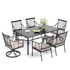 Captiva Designs 7pc Patio Slatted Top Steel Dining Table with Umbrella Hole & Stylish Cushioned Metal Chairs - 1 of 4