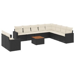 vidaXL 11 Piece Patio Sofa Set with Cushions Black Poly Rattan - Black and Cream - 1 of 4