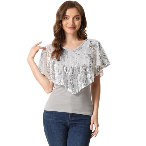 Unique Bargains Plus Size Sequin Tops for Women Sparkly One Shoulder Short  Sleeve Party Tops Blouses