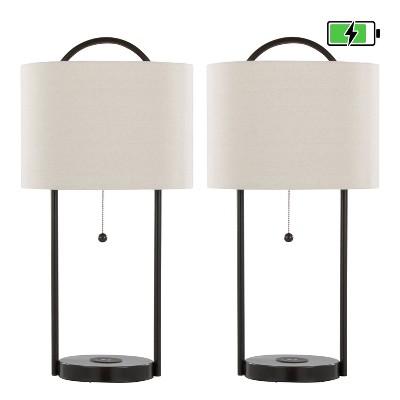 LumiSource (Set of 2) Porto 28" Contemporary Table Lamps with Wireless Charging Oil Bronze and Natural Linen Shade