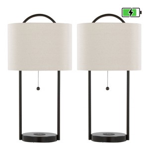 LumiSource (Set of 2) Porto 28" Contemporary Table Lamps with Wireless Charging Oil Bronze and Natural Linen Shade - 1 of 4