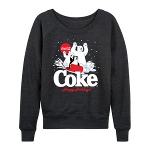 Women's - Coca-Cola - Happy Holidays Sledding- Women's French Terry Long Sleeve Pullover Lightweight French Terry Wide Neck Long Sleeve Graphic Shirt - 1 of 4