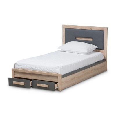 Twin Dark Gray and Light Brown Upholstered Storage Bed with Drawers