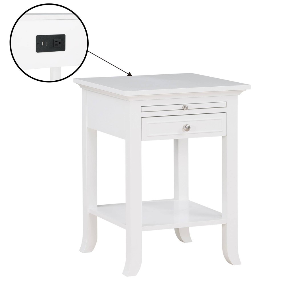 Breighton Home American Heritage Logan 1 Drawer End Table with Charging Station and Pull-Out Shelf in White