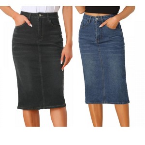 Allegra K Women's Casual High Waist Stretchy Midi Jean Skirt 2 Packs - 1 of 4
