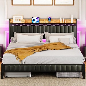 King Size Upholstered Bed Frame with LED Lights and Storage Headboard, Heavy Duty, Charging Station, No Box Spring Needed, Black Leather - 1 of 4