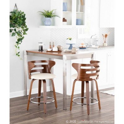 Walnut and Cream Swivel Counter Stools with Faux Leather Seats