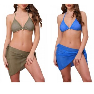 INSPIRE CHIC Women's 3-Piece Herringbone Halter Top Tie Side Triangle Bottom with Cover Up Skirt Bikini Suits 2 Sets - 1 of 4