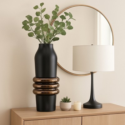 Decorative Two Tone Vase with Ring Detail - Stylish Flower Vase for Bedroom, Office Styling, and House Decor - Sculptural Home Decor
