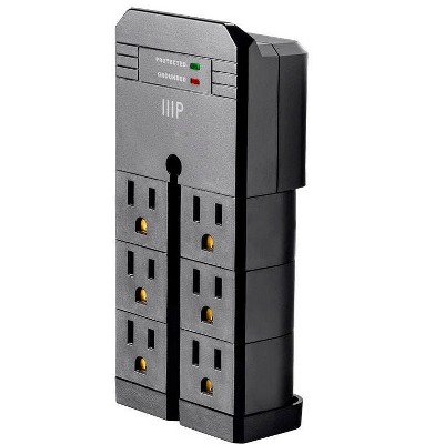 Monoprice 6 Outlet Rotating Power Surge Protector Wall Tap - Black | UL Rated 2,160 Joules With Grounded And Protected Light Indicator