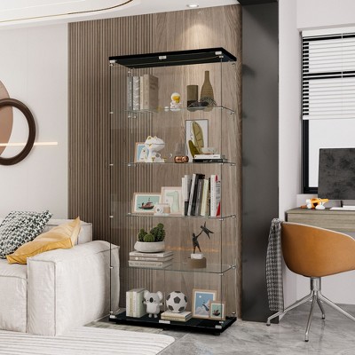 White Double-Door Glass Display Cabinet: 5 Shelves, Quick Install - Ideal for Living Room, Bedroom, Office