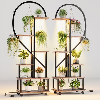 2 Pack 6 Tier Indoor Tall Plant Stand, Metal Plant Stand with Detachable Wheels, Half Heart Shape Plant Stands, for Home Patio Lawn Balcony, Brown