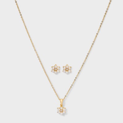 14K Gold Dipped Cubic Zirconia Pearl Flower Pendant Necklace and Stud Earring Set 2pc - Gold