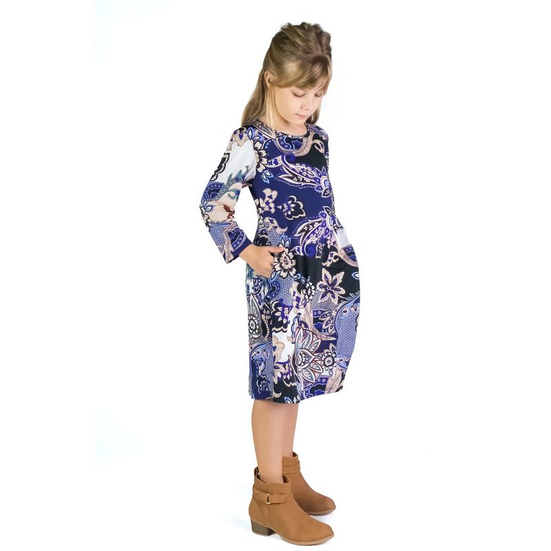 24seven Comfort Apparel Girls Blue Paisley Long Sleeve Loose Fit Knee Length Tunic Pocket Dress, 2 of 5