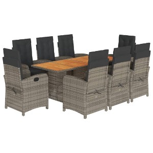 vidaXL 9 Piece Patio Dining Set - Gray Poly Rattan & Acacia Wood Table with Cushions, Foldable Chairs for Garden Patio Backyard - 1 of 4