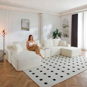 AENKYO 150" Oversized Sectional Sofa, Modular Cloud Couch with USB Ports, Cup Holders & Deep Seat, L/U-Shape Corduroy Couch, Orange - 1 of 4