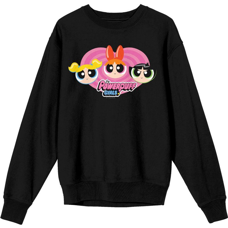 Powerpuff Girls Pink Heart With Characters' Faces Adult Black  Crew Neck Sweatshirt, 1 of 4