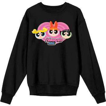 Powerpuff Girls Pink Heart With Characters' Faces Adult Black  Crew Neck Sweatshirt