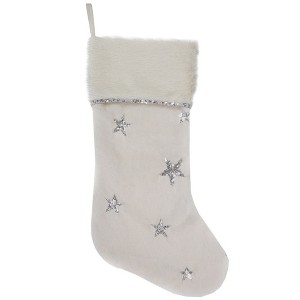 Northlight 20" White with Silver Stars Christmas Stocking with Faux Fur Cuff - 1 of 4