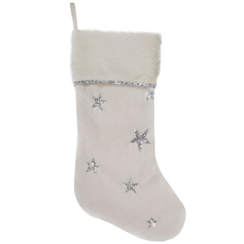 Northlight 20" White with Silver Stars Christmas Stocking with Faux Fur Cuff, 1 of 5