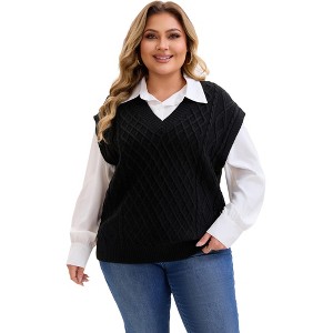 Women's Plus Size Ribbed Knit V Neck Sleeveless Solid Casual Stretch Sweater Vest - Agnes Orinda - 1 of 4