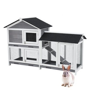 58'' Bunny Hutch Indoor with 3 Leak-Proof Trays, Wooden Waterproof Roof Rabbit Hutch Indoor/Outdoor, 2-Tier Bunny House/Chicken Coop - 1 of 4