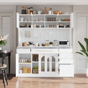 63"W Kitchen Pantry Storage Cabinet Pantry Organizer Buffet with Hutch,6 Drawers,5 Cabinets,Pegboard,Towel Rack,Power Outlet, White/Black-ModernLuxe - 1 of 4