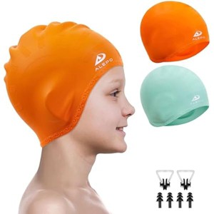 DSANE 2 Pack Kids Swim Caps for Boys Girls, Durable Silicone Swimming Cap with 3D Ear Pockets for Age 3-15 Toddler Child Youth Teen Unisex - 1 of 1