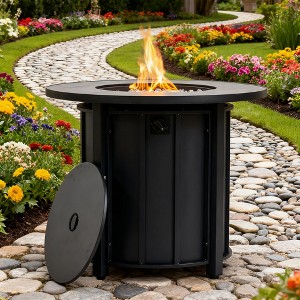 BAOURE 30" Black Round Propane Fire Pit Table with Wood Grain Ceramic Tabletop, 50,000 BTU Outdoor Steel Fire Pit for Patio, Deck and Garden - 1 of 4