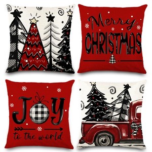 4pcs Christmas Pillow Covers 18x18 Inch Red Pillow Covers Xmas Decorations Buffalo Tree Truck - 1 of 4