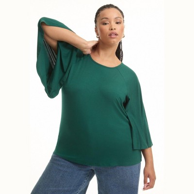 June + Vie by Roaman's Women's Plus Size Flared Raglan Sleeve Breton Tee