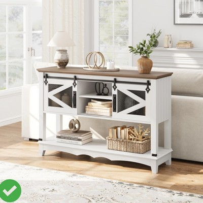 Console table with storage - Brown& White entryway table, Solid Wood Cabinet TopIron Grid Cabinet Door 2-Drawer Cabinet