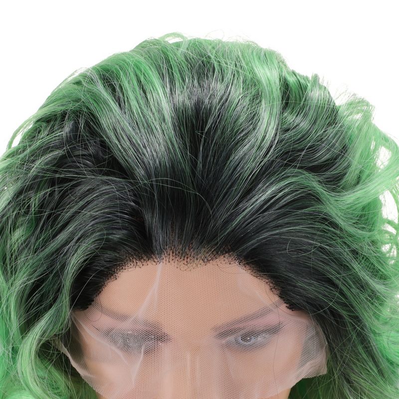 Unique Bargains Women's Medium Long Fluffy Curly Wavy Lace Front Wigs with Wig Cap 14" Black Green White 1 Pc, 4 of 7