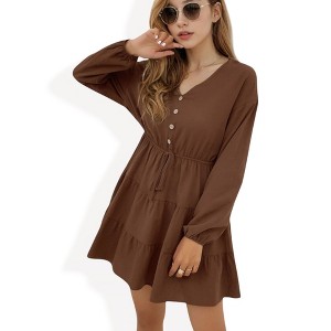 Anna-Kaci Women's Long Sleeve Button-Front Tiered Mini Dress with Drawstring Waist - 1 of 4