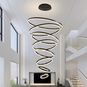 BAOURE 8-Rings D35.4’’ Modern LED Chandelier Black Dimmable High Ceiling Chandeliers Foyer with Remote Control for Staircase Entryway Living Room - 1 of 4
