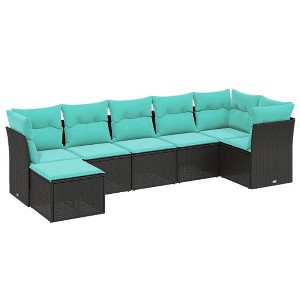 vidaXL Patio Sofa Set with Cushions Outdoor Furniture 7 Piece Black Poly Rattan - Modular Garden/Patio Seating - Cushioned UV-Resistant Seats - 1 of 4