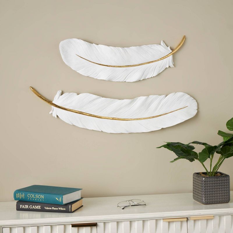 Olivia &#38; May Set of 2 Resin Bird Feather Wall Decors with Gold Foil Accent White, 2 of 9