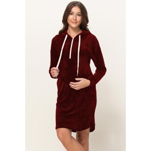 Hello Miz Maternity Nursing Velour Hoodie Dress with Zip Access and Pockets - Burgundy