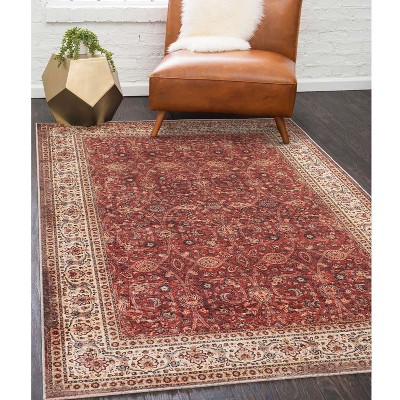 Vintage Medallion Red and Beige Synthetic Non-Slip Area Rug, 4'x6'