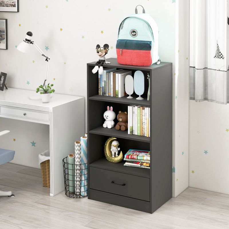 Tangkula 4-Tier Bookcase w/Storage Drawer Modern Storage Shelf w/3-Tier Open Shelf Freestanding Display Shelf Grey/Natural/White, 3 of 9