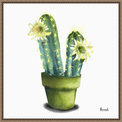 Cactus Flowers II Green and Yellow Canvas Print with Bronze Frame