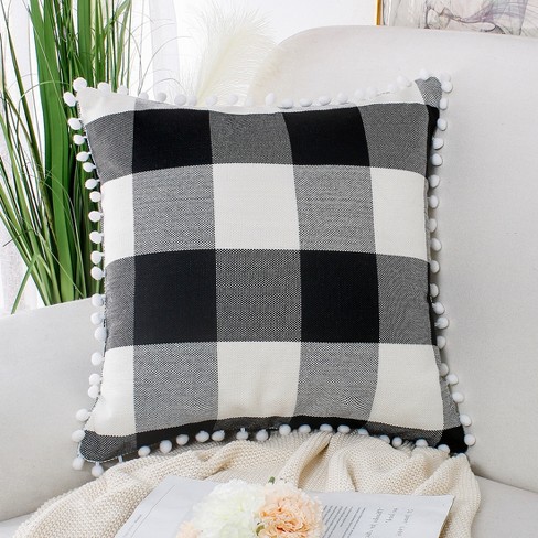 Piccocasa Buffalo Check Plaid Throw Pillow Cover With Pompoms For Sofa Couch  Decor 1 Pcs Black Beige White 18 X 18 : Target