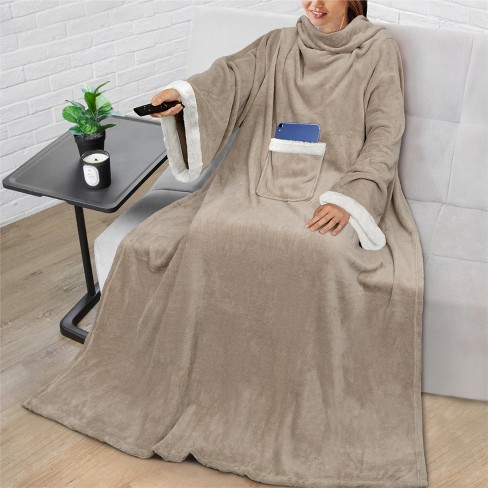 Pavilia Wearable Blanekt With Sleeves For Women Men Adults, Warm Soft Plush  Snuggle Pocket Sleeved Tv Throw, Taupe/fleece : Target