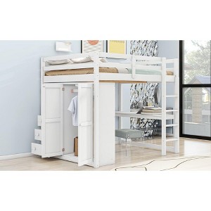 APRILSOUL Wood  Loft Bed with Built-in Wardrobe, Desk, Storage Shelves and Drawers, White - 1 of 4