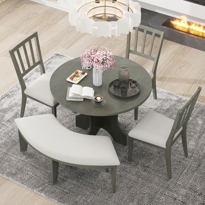 NicBex Round Dining Room Table Set for 4 Kitchen Table with MDF Tabletop, 3 Chairs and 1 Curved Bench for Dining Room