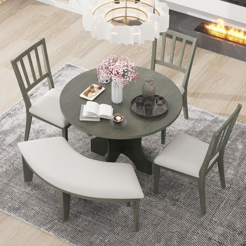 NicBex Round Dining Table Set for 4 Round Table with Curved Bench, 3 Side Chairs for Dining Room - image 1 of 4