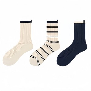 Anna-Kaci Women's Minimalist Stripe Crew Socks 3-Pack Ribbed and Patterned Design in Neutral Tones - 1 of 4