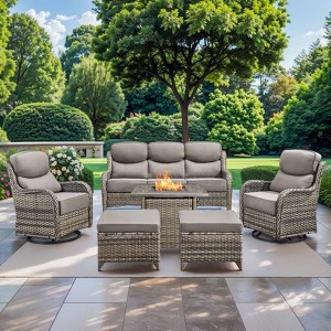 Gymojoy 6 Pieces Outdoor Patio Wicker Sofa Swivel Chair Ottoman with 6 Inch Cushions and Fire Pit Table - 1 of 4